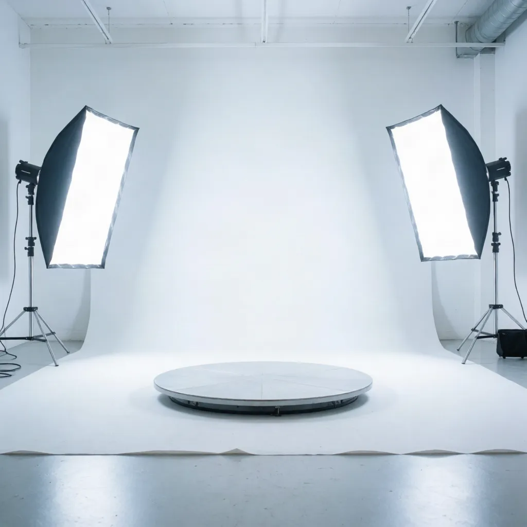 Un plató de fotografía de producto vacío, con dos ventanas de luz encendidas y una plataforma giratoria