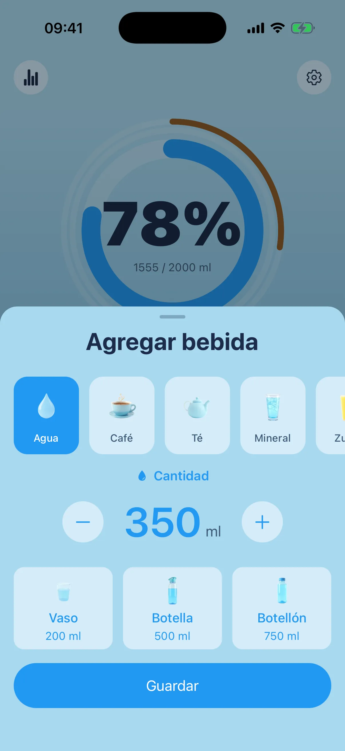 Aguita en iPhone: hoja de agregar bebida