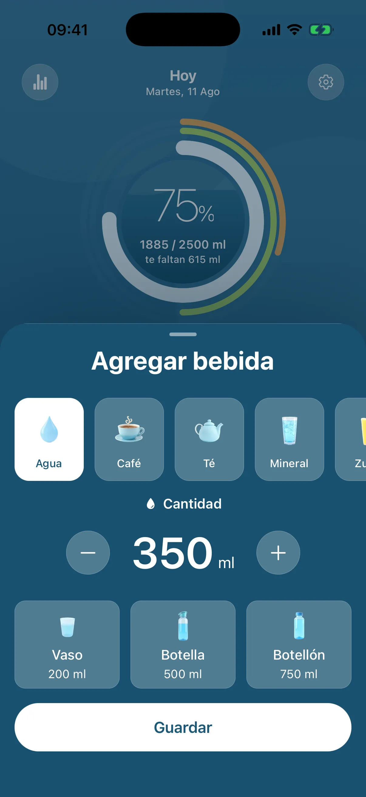 Aguita en iPhone: hoja de agregar bebida