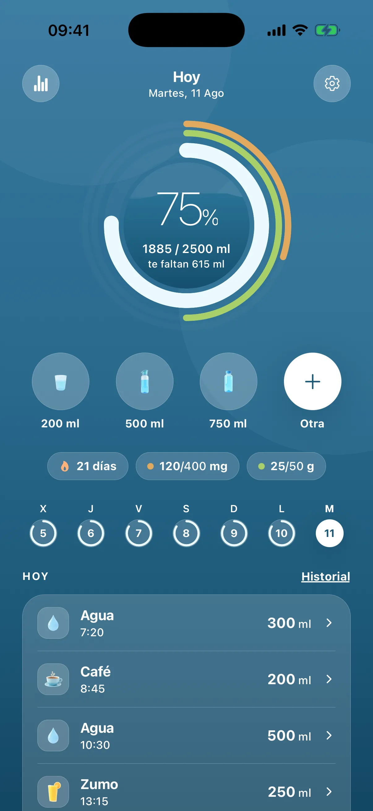 Aguita en iPhone: pantalla Hoy con el anillo de progreso al 78 %